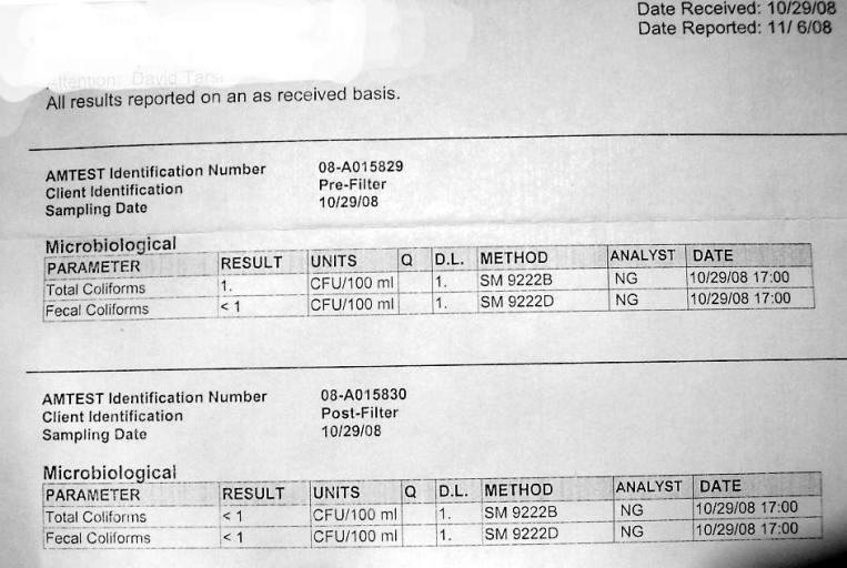 water test on new filter with potable water approved sand